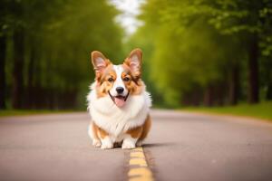 porträtt av en söt cardigan welsh corgi hund stående i de parkera. generativ ai foto