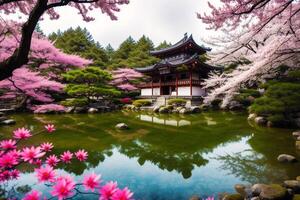 japansk tempel i vår med blomning körsbär träd. digital målning..akvarell måla. digital konst, generativ ai foto