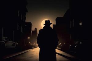 silhuett av man i gammal fashioned hatt och täcka på natt gata. generativ ai foto