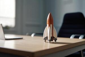 framgångsrik börja begrepp. sjösättning raket på kontor tabell. generativ ai foto