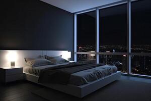 stor säng i levande rum med natt stad se i fönster. generativ ai foto