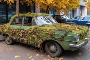 bil tillverkad av naturlig grön växter. eco vänlig transport. generativ ai foto