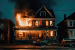 brinnande hus i de natt. bostads- hus i brand. generativ ai foto