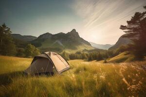 camping tält med Fantastisk se på berg landskap på solnedgång. generativ ai foto