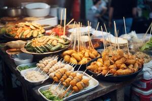 asiatisk gata mat. traditionell orientalisk maträtter på gata marknadsföra. generativ ai foto