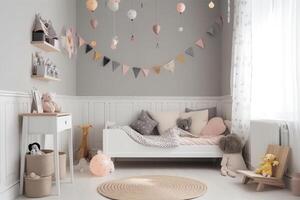 interiör av mysigt sovrum för barn i scandinavian stil. generativ ai foto