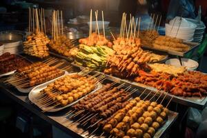 asiatisk gata mat. traditionell orientalisk maträtter på gata marknadsföra. generativ ai foto