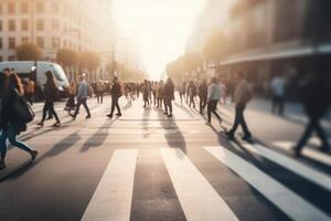 människor gående på stad gata, rörelse fläck effekt. generativ ai foto