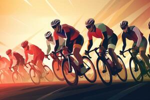 cyklister team ridning på cyklar, Färg teckning. cykel lopp baner. generativ ai foto