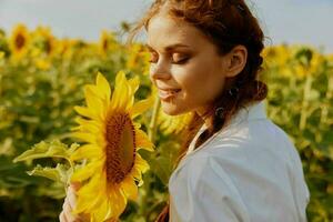 skön kvinna med pigtails i en solros fält natur Sol landskap foto