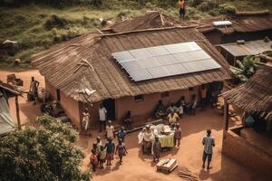ovan se av afrikansk by med hus sol- paneler på tak och folkmassan av människor. generativ ai. foto