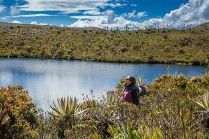 ung kvinna utforska de natur av en skön paramo på de avdelning av cundinamarca i colombia foto