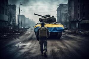 tillbaka av soldat mot ukrainska flagga och tank i förstörd stad. krig i ukraina begrepp. generativ ai. foto