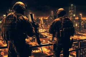 två soldater på tak av natt stor stad. särskild krafter. generativ ai. foto
