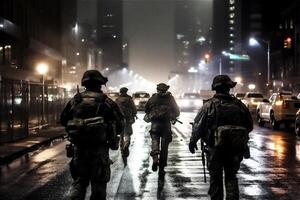 tillbaka av grupp soldater springa i natt stor stad. särskild krafter krig drift. generativ ai. foto