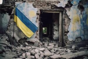 ukrainska flagga på befriad ruiner av stad. krig i Ukraina, seger begrepp. generativ ai. foto