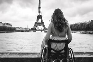 utforska paris som en rullstol användare. tillbaka av Inaktiverad kvinna ser på eiffel torn. generativ ai. foto
