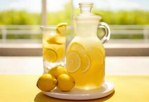 uppfriskande citronsaft med färsk citroner i en glas burk på en gul tabell, ai generativ foto