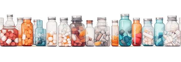 sömlös tileable rader av medicin och läkemedel flaskor med piller på en vit bakgrund - generativ ai. sömlöst expanderbar på både slutar till din önskad längd. foto