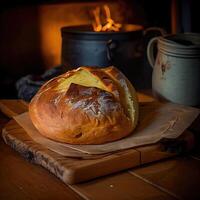 korg av franska bröd, traditionell brasiliansk bröd med brand bakgrund. färsk bröd på de trä. hemlagad franska bröd på trä. generativ ai foto