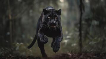 graciös hoppa, svart panter i de djungel. generativ ai foto