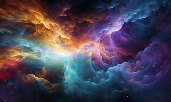 abstrakt Plats tema bakgrund terar en färgrik nebulosa eller supernova, med vibrerande virvlar av gas och damm. generativ ai foto