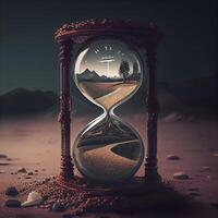 timglas med sand löpning genom de tid, 3d illustration., ai generativ bild foto
