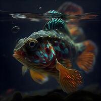 färgrik fisk i akvarium. under vattnet värld. 3d illustration, ai generativ bild foto
