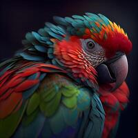 färgrik ara papegoja isolerat på svart bakgrund. 3d tolkning, ai generativ bild foto