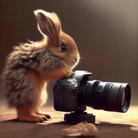 söt liten kanin med en kamera på en bakgrund av brun., ai generativ bild foto