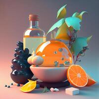 grundläggande olja i en glas flaska med orange och citron, 3d illustration, ai generativ bild foto