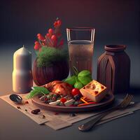 bröd, oliv olja, tomat, peppar, oliver och kniv. illustration., ai generativ bild foto