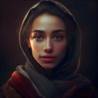 porträtt av en skön ung kvinna med orientalisk smink och röd scarf., ai generativ bild foto