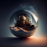 fantasi landskap i en kristall boll, 3d illustration, horisontell, ai generativ bild foto