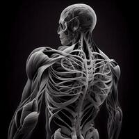 mänsklig kropp tillverkad i 3d grafik, skelett och lymfatisk systemet, ai generativ bild foto