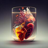 mänsklig hjärta i en glas av vatten, 3d illustration. kopia Plats, ai generativ bild foto