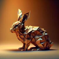 3d tolkning av en gyllene kanin i låg poly origami stil, ai generativ bild foto