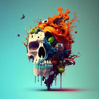 abstrakt mänsklig skalle med färgrik stänk och fjärilar. 3d illustration, ai generativ bild foto