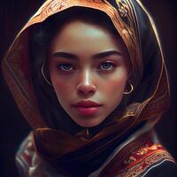 porträtt av en skön orientalisk kvinna med huvudduk., ai generativ bild foto
