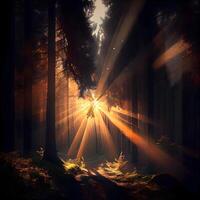 mystisk mörk skog med dimma och strålar av ljus. 3d tolkning, ai generativ bild foto