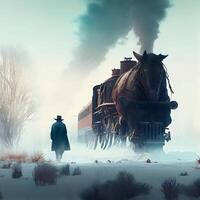 fantasi illustration av en ånga lokomotiv i de snöig landskap., ai generativ bild foto