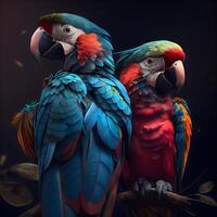 färgrik ara papegojor isolerat på svart bakgrund. 3d illustration, ai generativ bild foto