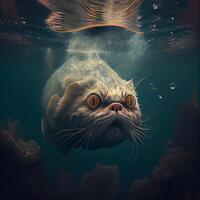 rolig hav lejon porträtt i vatten. 3d illustration. årgång stil., ai generativ bild foto