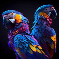 färgrik ara papegojor isolerat på svart bakgrund. 3d framställa, ai generativ bild foto