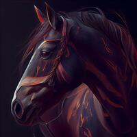 häst huvud med mänsklig hud och manen i röd Färg på svart bakgrund, ai generativ bild foto