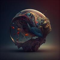3d illustration av en fisk i en glas sfär på en mörk bakgrund, ai generativ bild foto