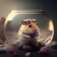 hamster i en glas skål. 3d framställa av hamster., ai generativ bild foto