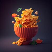 färgrik pasta i en skål på en mörk bakgrund. illustration, ai generativ bild foto