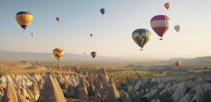 luft ballonger på berg. illustration ai generativ foto