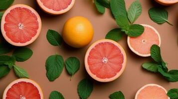 färsk grapefrukt och mynta över huvudet se - platt lägga illustration ai generativ foto
